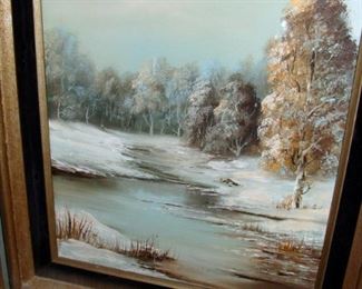Vintage, Mid Century, Signed, Painting, Oil, Winter Scene, Snow, Trees, 1970's, Landscape
