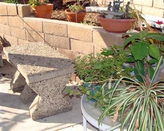 Vintage Pebble Bench, Concrete, Potted Plants