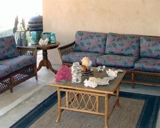 Vintage, Rattan Furniture, Tiki Bar, Couch, Loveseat, Coffee Table, Armchair, Shells, Coral, Oak Side Tables, Outdoor Rug