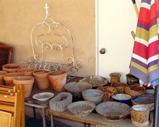 Hand Made, Art, Pottery, Planters, Pots, Vintage Wood Folding Chairs, Market Umbrellas, Metal Wall Display Rack, Plant Holder, Terracotta