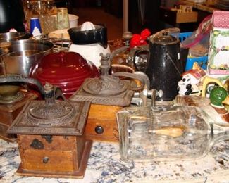 Antique, Coffee Grinders, Tea Pots, Enamelware, Hall China, Electric Juicer, Air Fryer, Cookie Cutters