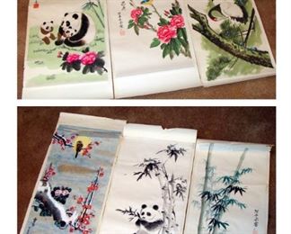 Vintage, Paintings, Ink, Asian, Japanese, Chinese, Japan, China, Rice Paper, 1950's, 1960's