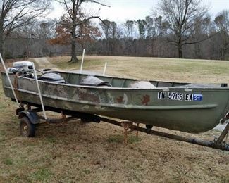 14 ft. aluminum boat with Johnson 7.5hp outboard and Minn Kota trolling motor (trailer and 12v battery included)