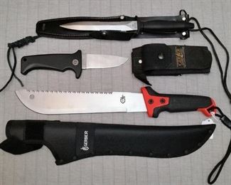 Gerber 'Mark II' knife,  'Bolt Action Parabellum' knife, and 'Clearpath' machete