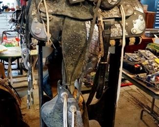Vintage H.R. Miller Western Parade Saddle With 14" Seat, 7" Gullet, Includes Matching Bridle And Breast Collar