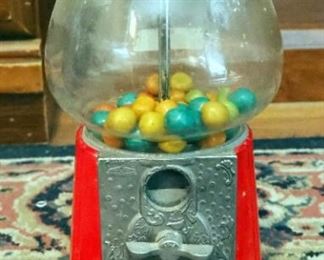 1985 Carousel Quarter Glass And Cast Metal Bubble Gum Machine On Stand, 38" Tall, And Carousel Table Top Bubble Gum Machine