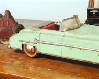 Vintage Sun Rubber Company Walt Disney Mickey Mouse Fire Truck Push Toy, And Tin Friction Car, Marked Made In US Zone Germany