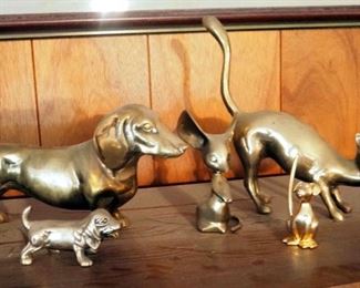 Brass Dachshunds, Mouse, And Pussy Cats, Qty 7