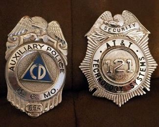 Kansas City Mo Auxiliary Police Badge, AT&T Security Badge, And Wood Gavels, Qty 2