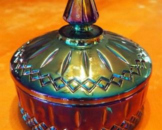 Aquamarine Carnival Glass Covered Candy Dish, 6" Diameter And Ceramic Cat
