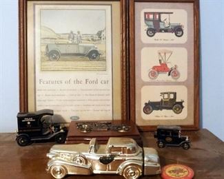 Framed Ford Advertisement, Playing Card Deck Box, And Die Cast Model Cars