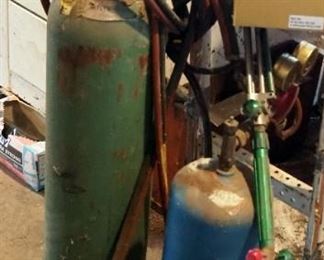 Oxygen And Acetylene Storage Tanks With Torch Set With Extra Regulator And Two Wheel Cart
