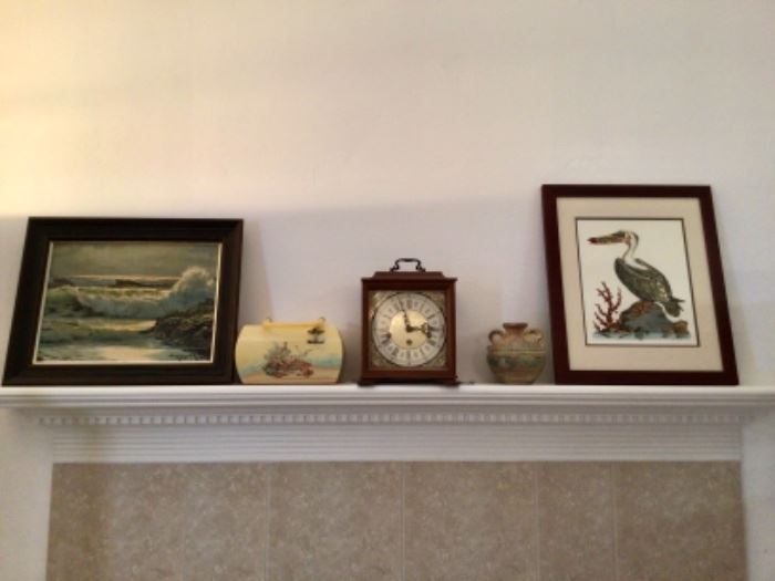 Mantel clock, vintage purse, Antique  geo. edwards pelican litho, vintage oil painting of the ocean, Native American style pot