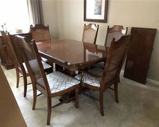 Mid Century Broyhill Burled Wood Cane Dining Set