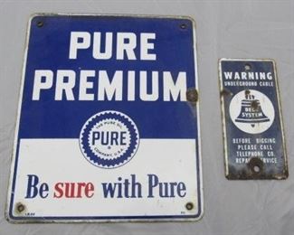 10" x 12" Porcelain Pure Pump Plate/Sign  & Small Porcelain Bell System Sign