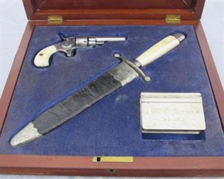 1893 Gamblers Set consisting of: Forehand & Wadsworth 7 Shot Revolver w/Bone Handles - Dagger w/Bone Handles  & Tobacco Tin in Wood Box w/Key