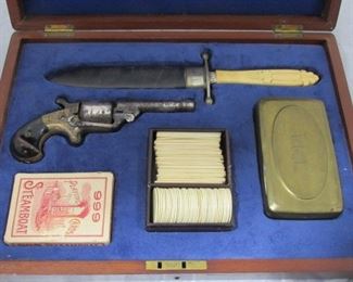 1800's Gamblers Set Consisting of: 6 Shot Revolver - Bone Handle Dagger - Tobacco Can - Poker Chips & Playing  Cards in Wood Box 
