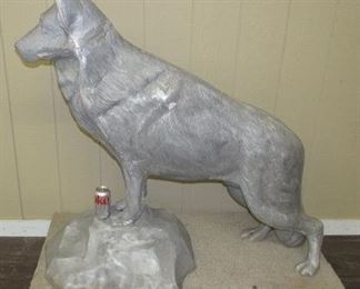 45" Tall & 46" Long Cast Aluminum German Shepard Dog on Rock Statue