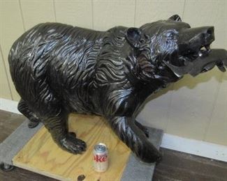 26" Tall & 41" Long Cast Aluminum Bear w/Fish in Mouth Statue