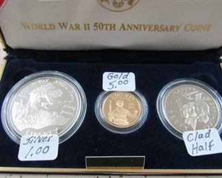 1990's WWII 50th Anniversary Coin Set w/Silver Dollar, $5.00 Gold Coin, & Clad Half Dollar 