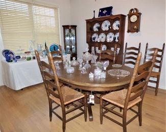 Oak Pedestal Table with 6 chairs with rush seats