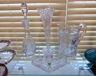 Brilliant Cut Dish, Vintage Crystal pitcher, vase & decanter
