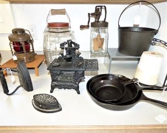 Salesman's Sample Cast Iron Stove with Accessories, Cast Iron string holder, Sad Iron, Railroad Lantern, Large pickle jar, Dazey Butter Churn