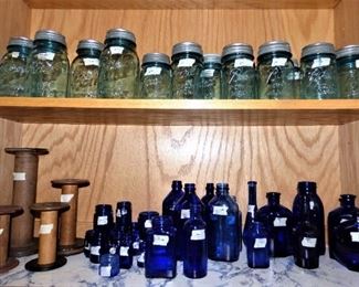 Blue Canning jars, Cobalt Blue Glass medicine bottles, Mill thread spools