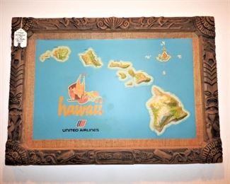 Rare Vintage United  Airlines 3-D Map of Hawaii.  Advertising for Hawaii flights
