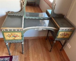 Antique vanity and stool 49"W x 18"D x 30"H and mirror measures 35"H