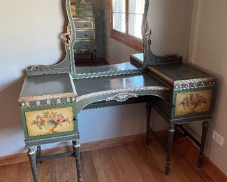 Antique vanity and stool 49"W x 18"D x 30"H and mirror measures 35"H