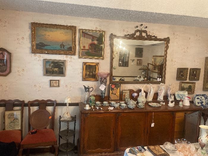 Oil paintings, Lladro figurines, early nippon tea set, Charles Schneider “Epines”, Mirror, buffet. Buffet has matching curio cabinet and dining table with 6 chairs 