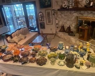 Carnival glass, mostly north wood. Victorian sofa 