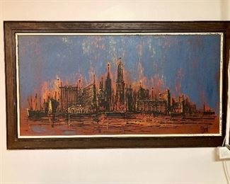 Signed 1960’s cityscape. The red glow makes it look like the buildings are on fire