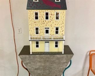 Bizarre Memphis looking post modern triangle console, with a hand painted dollhouse by Alabama artist Mose Tolliver