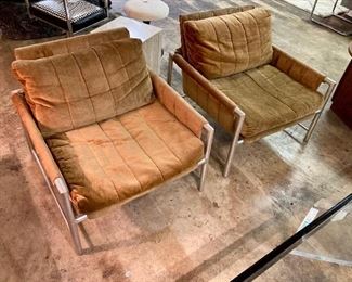 Pair of camel velvet sling chairs