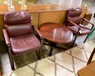 Leather and rosewood chairs with matching side table