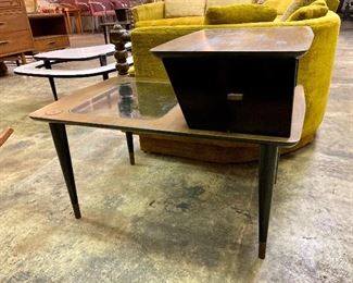 Pair of two-tiered end tables with matching circular coffee table