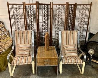 Chrome art deco McCay Craft sling chairs with a gorgeous 6-panel teak screen