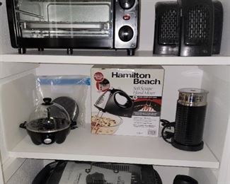 Proctor Silex Toaster Oven, 3 Handy Heaters, Dash D Egg Cooker, Hamilton Beach Sofe Scrape Hand mixer, Nespresso Frother, Power Smok;less Gro;; and George Forman Grill
