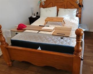 Queen Headboard, Footboard w/ Side rails and Queen Mattress & Box Springs, Over the Bed Desk on Wheels