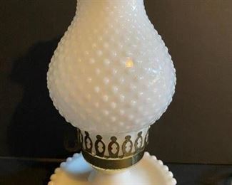 Vintage hobnail milk glass lamp