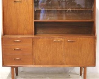 2750 - Teak mid-century bar credenza, drop front 50 x 54 x 16 2 glass doors