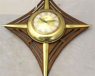 3320 - Vintage mid century brass & wood wall clock 24 x 19