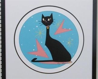 9031 - Mid century modern cat on blue Pencil signed by Ivy Lowe 23 x 22 1/2