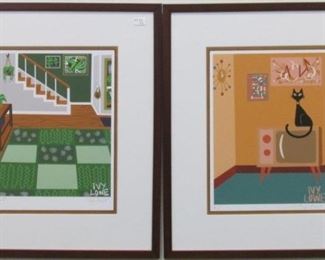 9033 - Cat on TV/Interior Stairs Pencil signed by Ivy Lowe 15 1/2 x 19