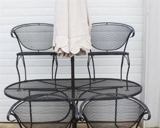 33 - 6pc. Metal patio table set Table, Chairs, Umbrella, & Stand 106 x 65 x 38