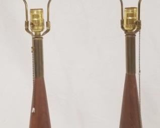 124 - Pair Tony Paul teak & brass cone lamps 31" tall