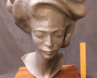147 - Metal Head Art Sculpture w/ Wood Base - Signed