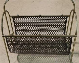 322 - Vtg Mid-Century Teak Handled & Brass Magazine Rack 17" x 16" x 8"